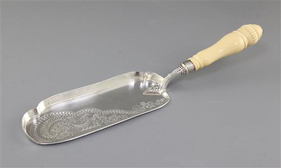 An Edwardian ivory handled silver crumb scoop, by Barker Brothers, Length; 334mm.